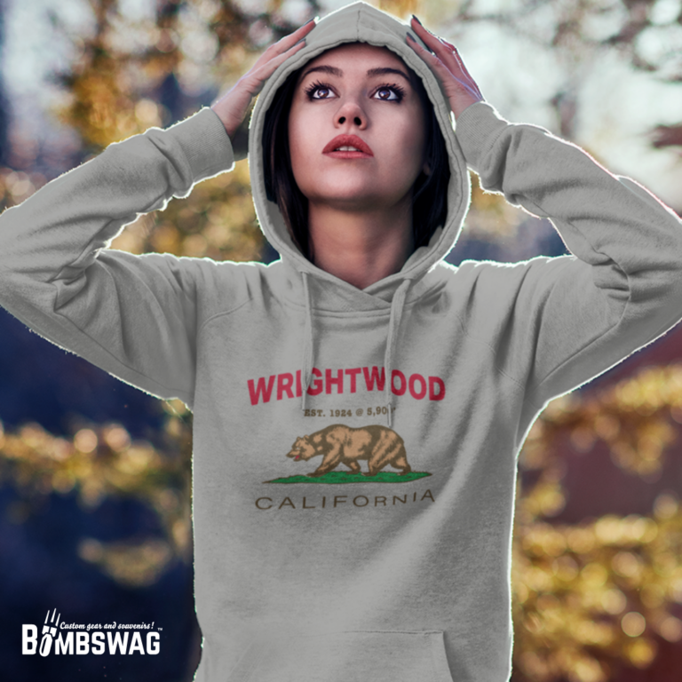 Wrightwood hoodie on young woman in forest logo 768x768